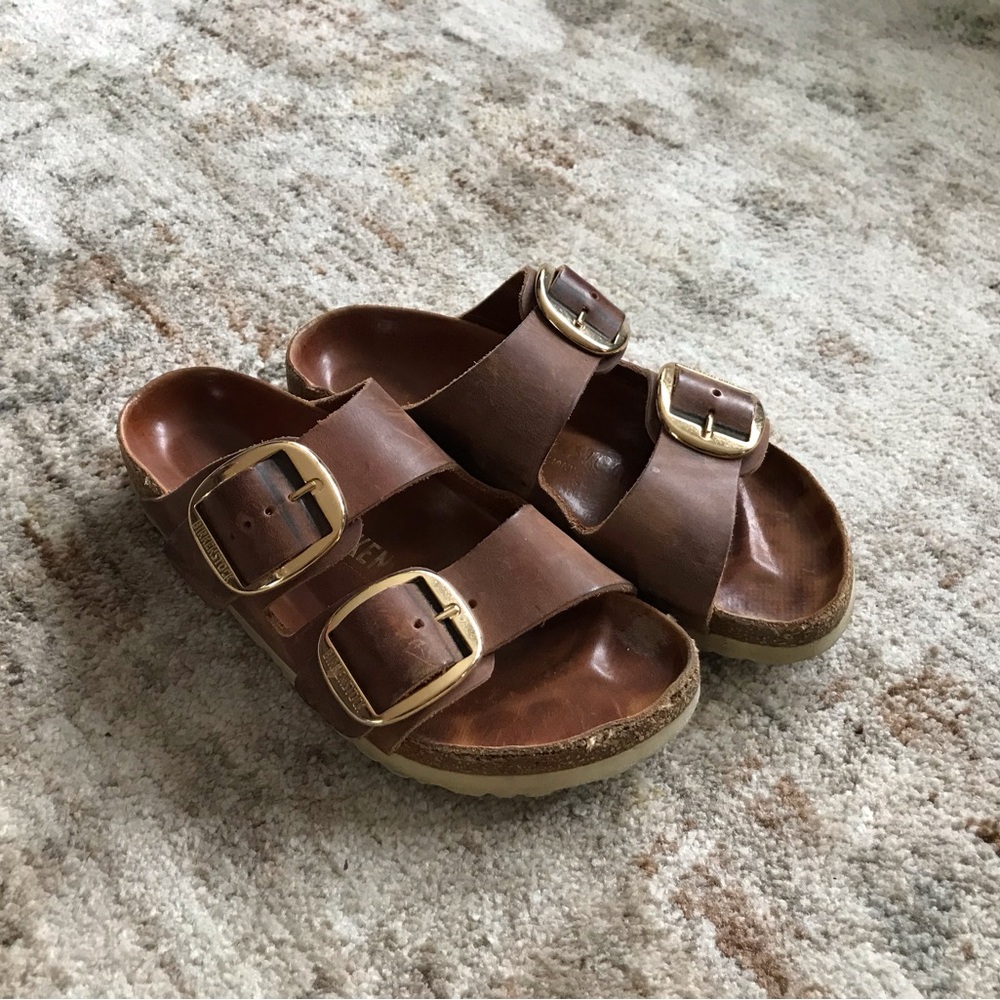 Birkenstock Brown Sandals with Gold Buckles